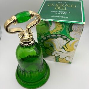 Vintage Empty Avon Green Glass Bell with Gold Accents